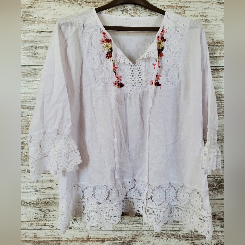 Boho Flowy White Lacy Embroidered Top